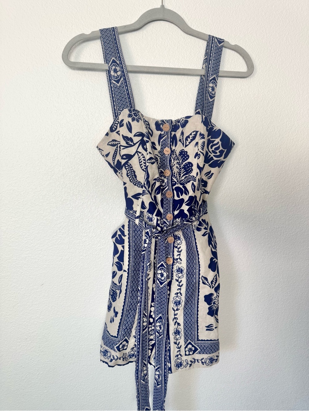 Rachel Zoe Cream and Navy Blue Floral Tie-Waist Romper - Picture 2 of 5